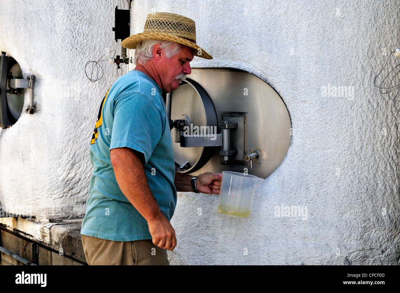 David Vergari, executive Winzer in Thornton Winery, prüft den Inhalt des einem Gärtank Stockfoto