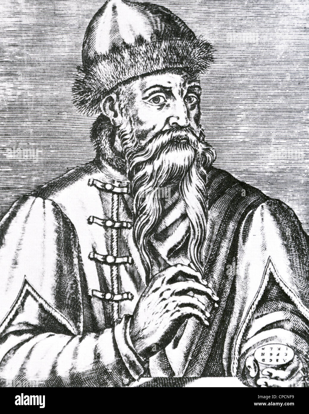 JOHANNES GUTENBERG (c 1398-1468) deutschen Schmied, gezeigt im 16. Jahrhundert print Buchdruck erfunden Stockfoto