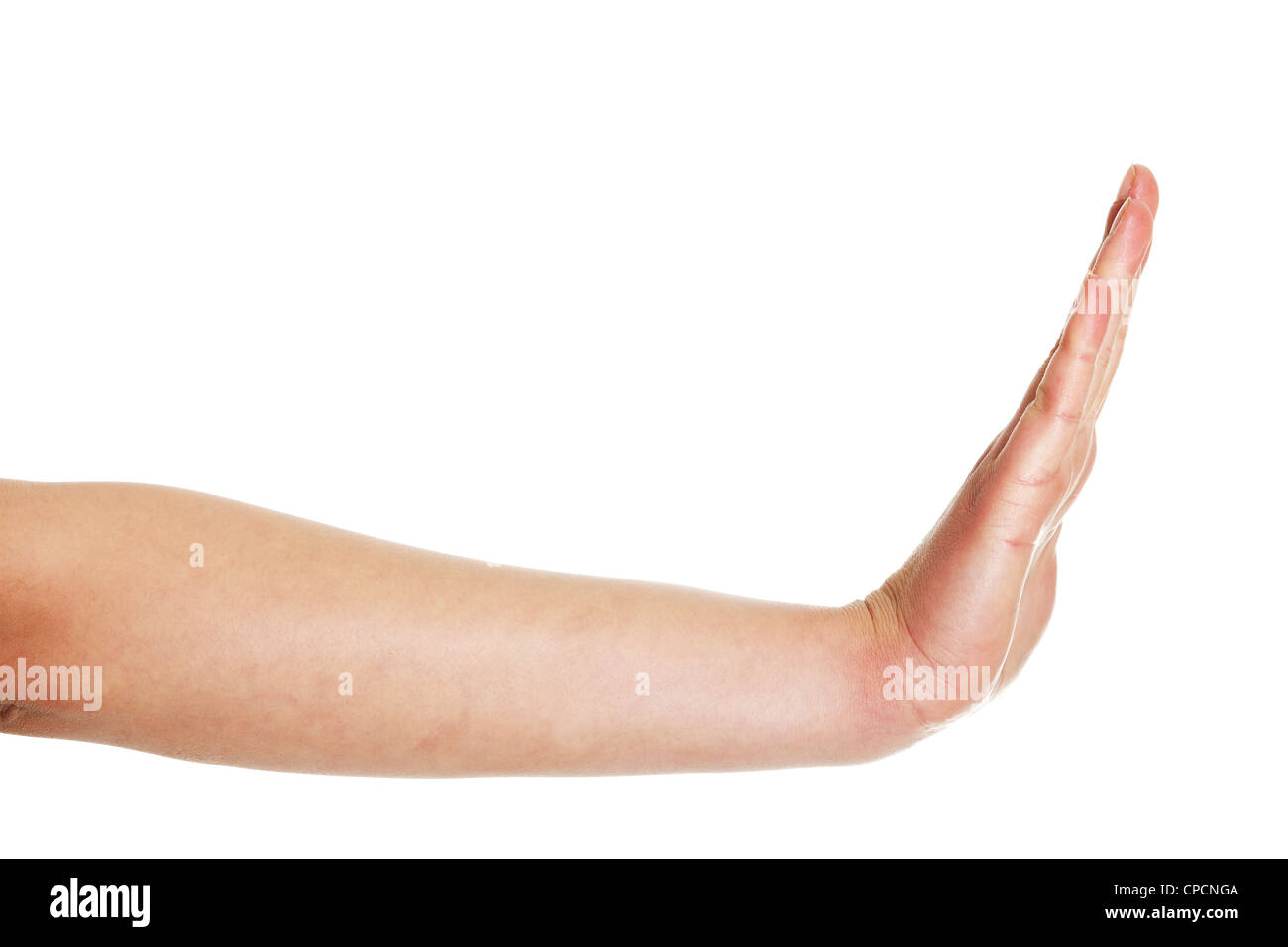 Womans Hand zeigt Stop Geste, isoliert auf weißem Hintergrund Stockfoto