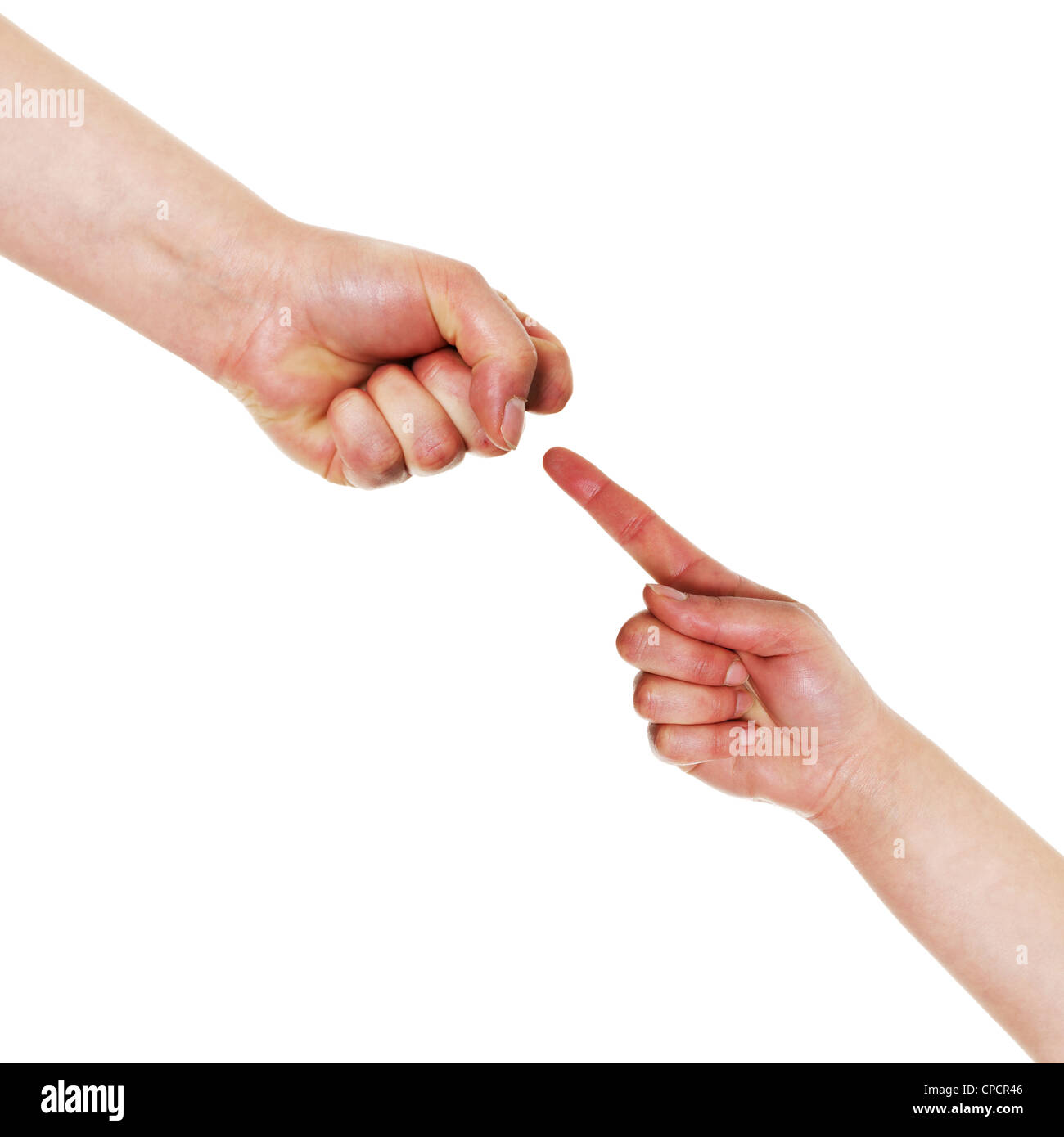 Geste Faust gegen Hand isoliert auf weißem Hintergrund zeigt die Hand Stockfoto