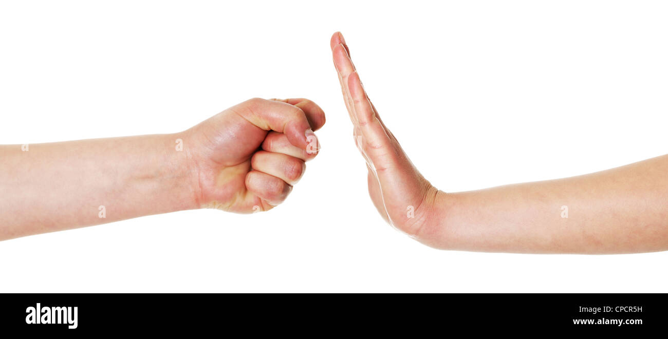 Hand Geste Faust gegen geöffnete Hand isoliert auf weißem Hintergrund Stockfoto