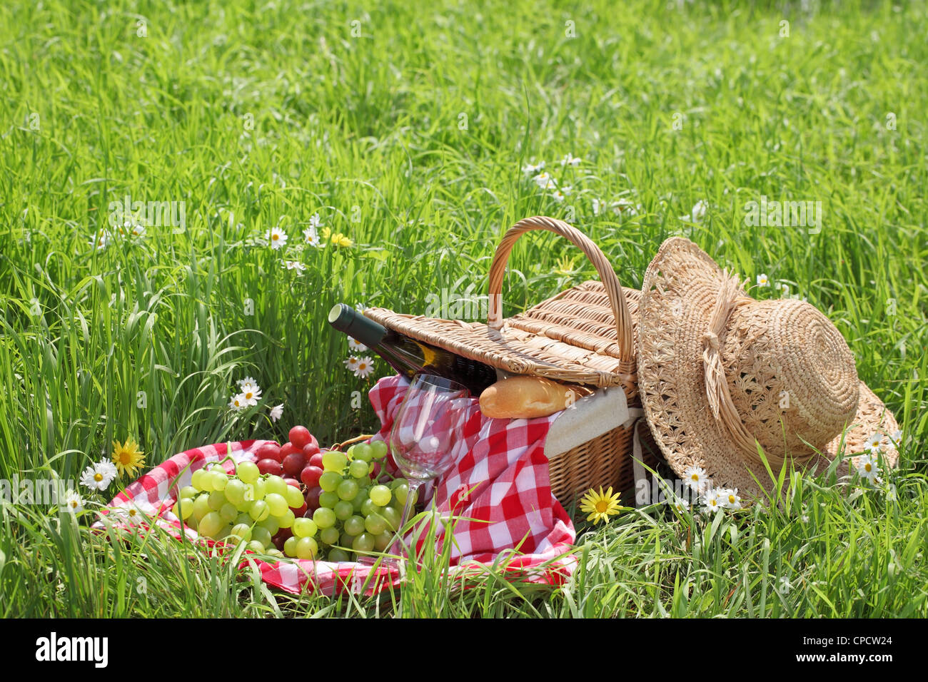 Picknick im freien Einstellung mit Wein Stockfoto