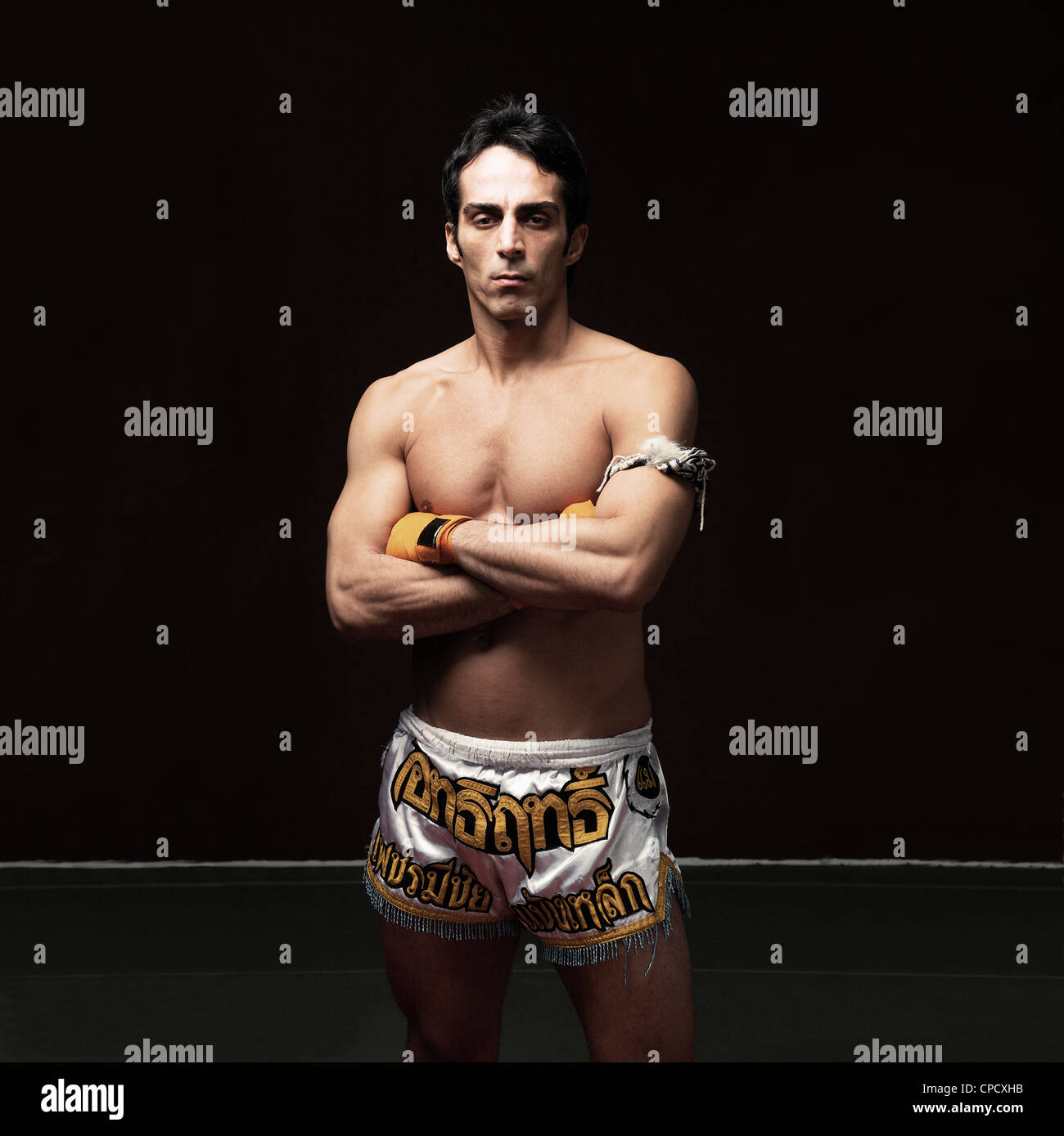 Boxer stehen mit verschränkten Armen Stockfoto