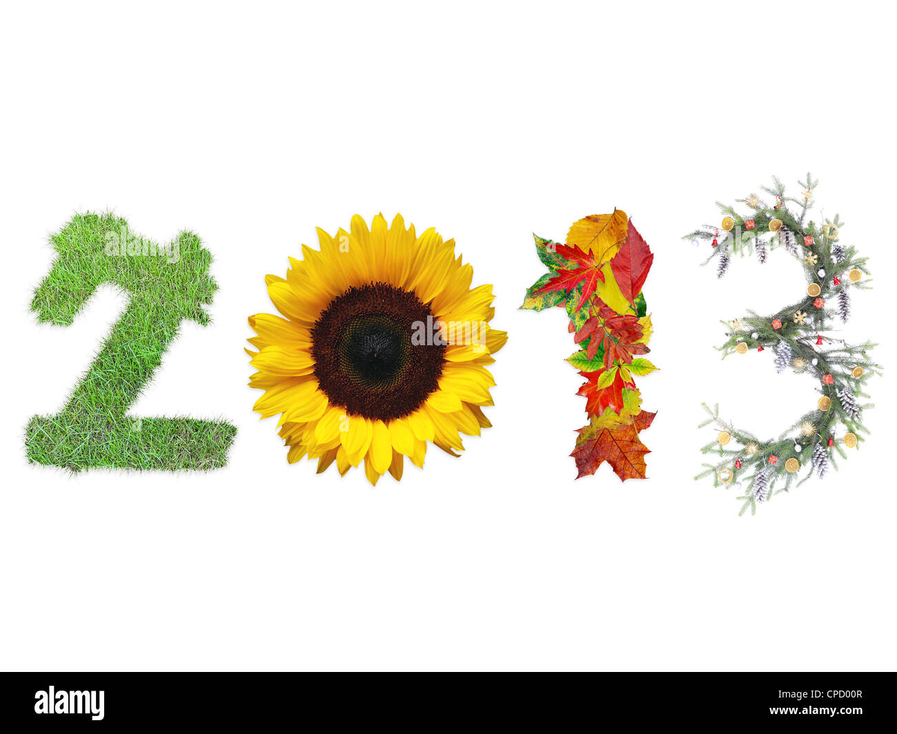 2013 Ziffern gemacht frische Gräser, Sonnenblumen, Toten fallen Blätter und Weihnachten Kranz vertreten vier Jahreszeiten des Jahres Stockfoto