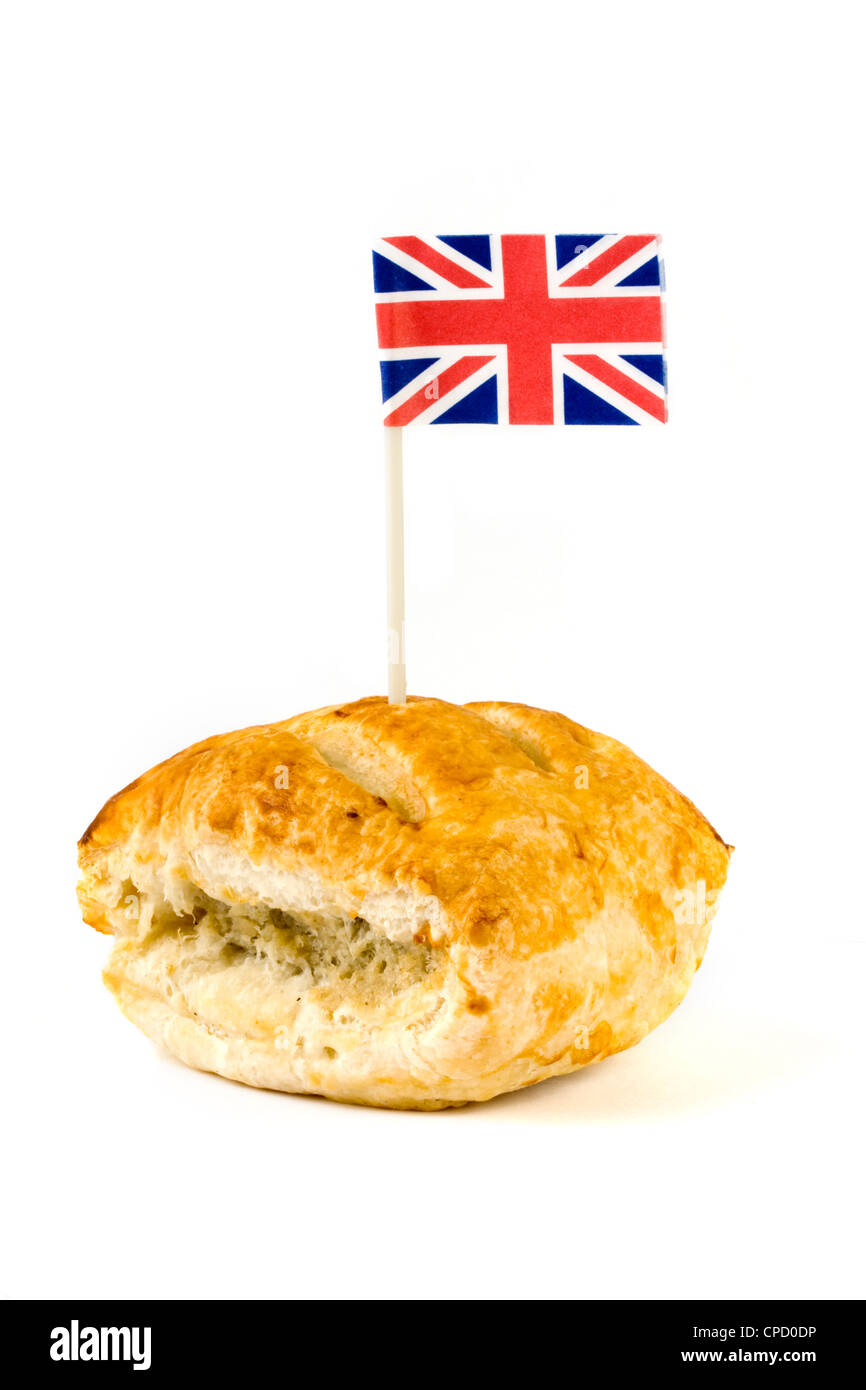 Wurst Rollen mit einem Union Jack auf weißem Hintergrund Stockfoto