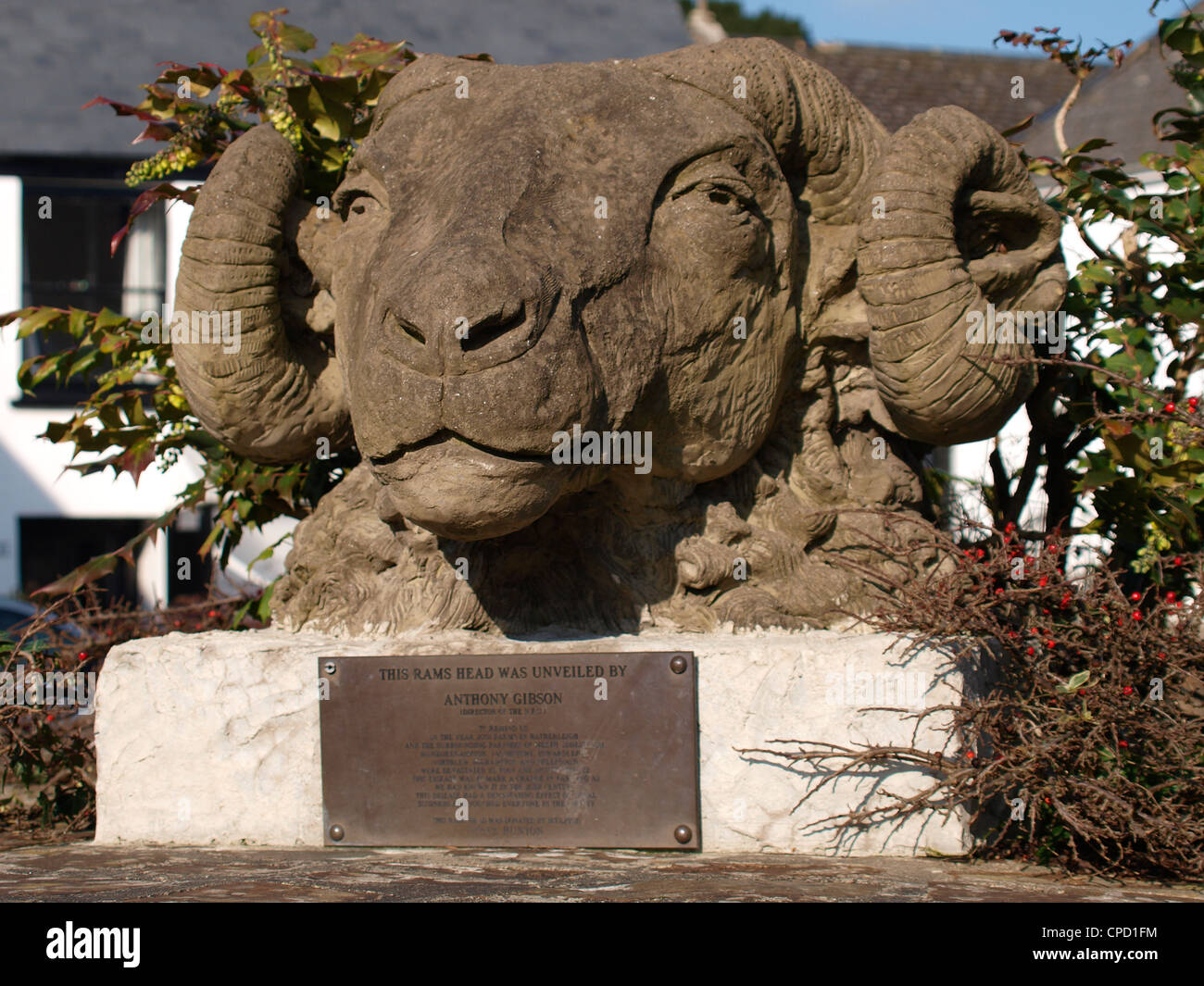 Rams Kopf Skulptur, Hatherleigh, Devon, UK Stockfoto