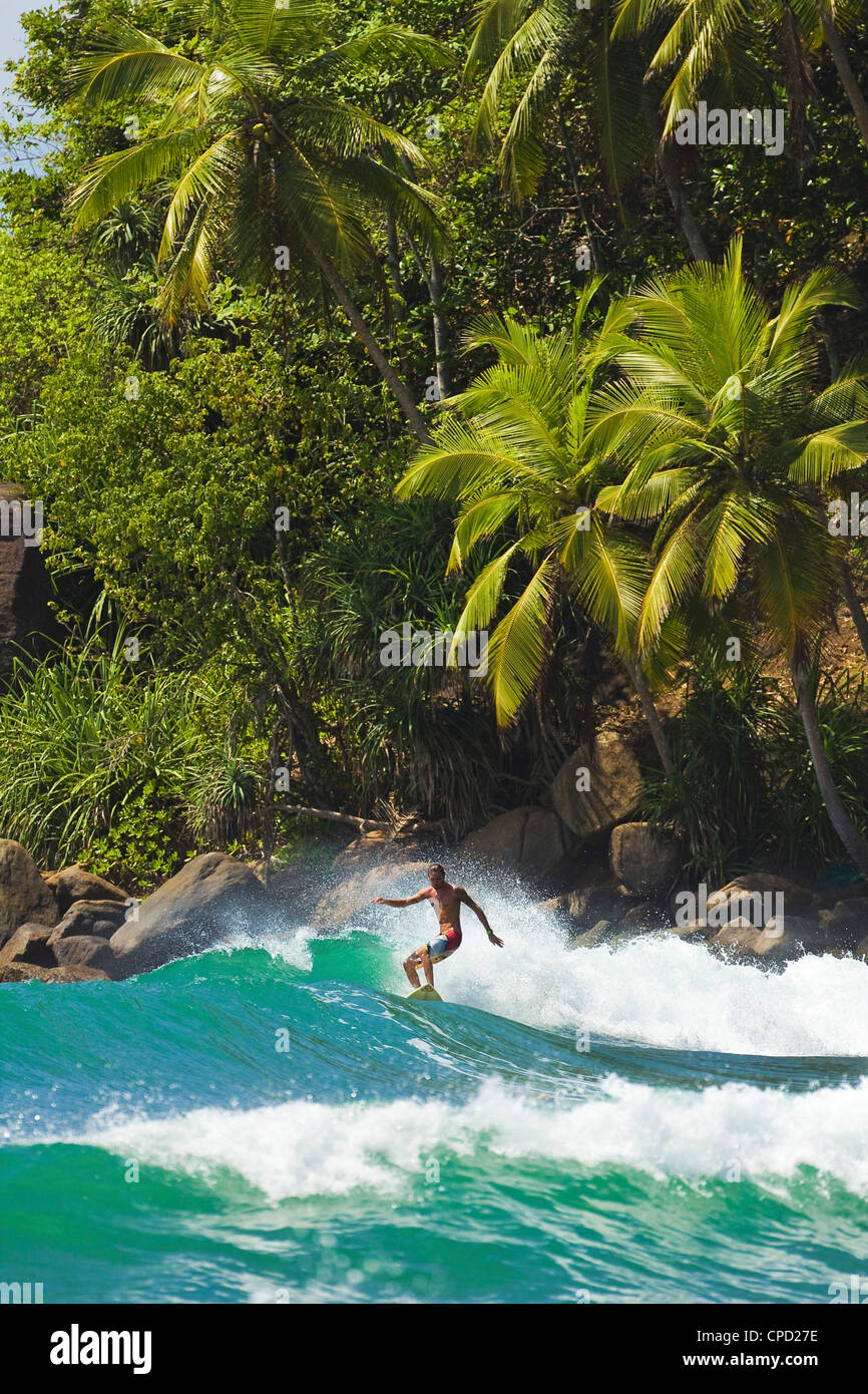 Surfer auf einer Welle in der westlichen Ecke von der Südküste Beach in Mirissa, in der Nähe von Matara, südlichen Provinz, Sri Lanka, Asien Stockfoto