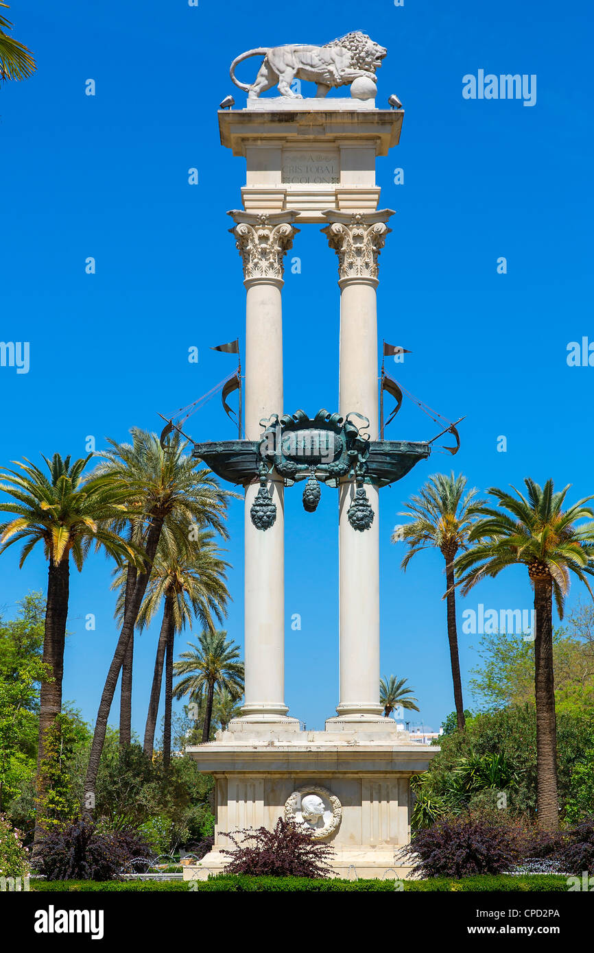 Sevilla, Christopher Columbus-Denkmal in Murillo Gärten Stockfoto