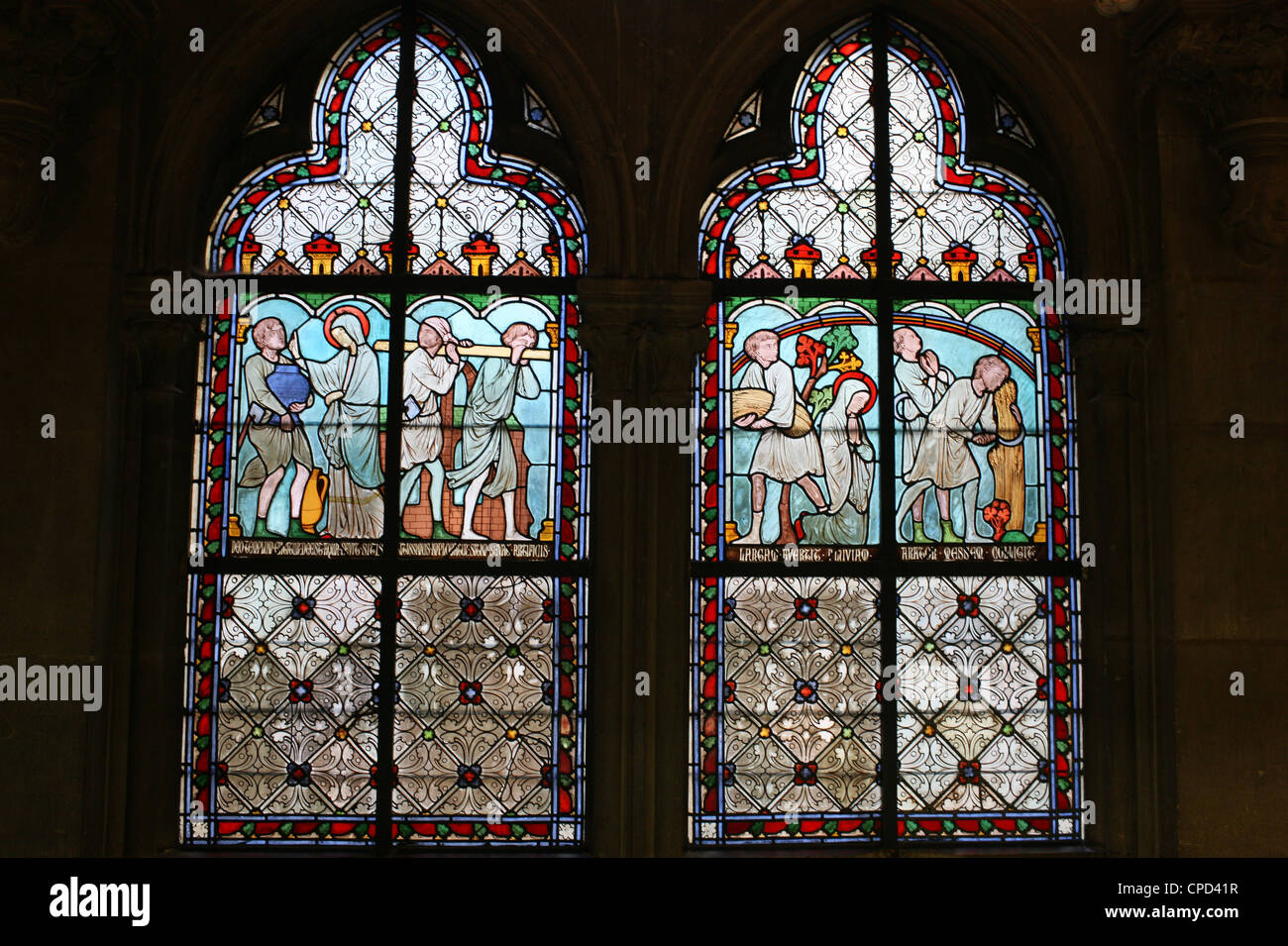 Glasmalerei, Sainte Genevieve Leben, Kloster Notre-Dame de Paris Kathedrale, Paris, Frankreich, Europa Stockfoto