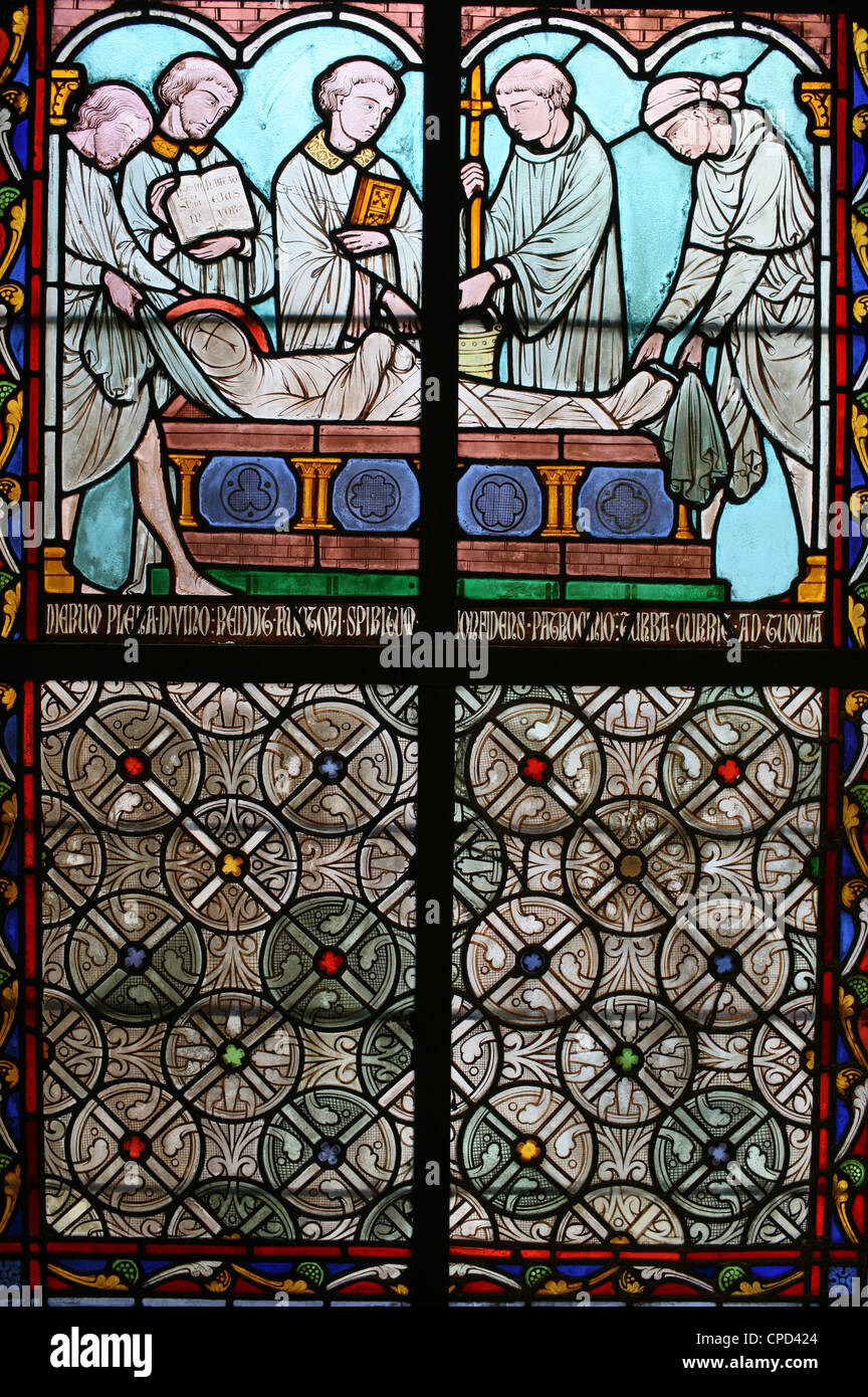 Glasmalerei, Sainte Genevieve Leben, Kloster Notre-Dame de Paris Kathedrale, Paris, Frankreich, Europa Stockfoto