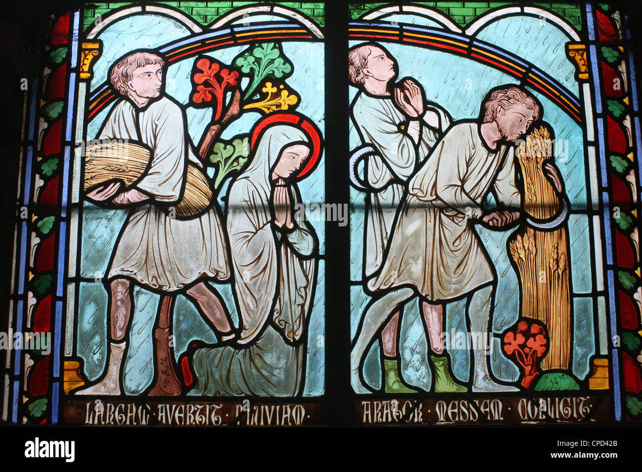 Glasmalerei, Sainte Genevieve Leben, Kloster Notre-Dame de Paris Kathedrale, Paris, Frankreich, Europa Stockfoto