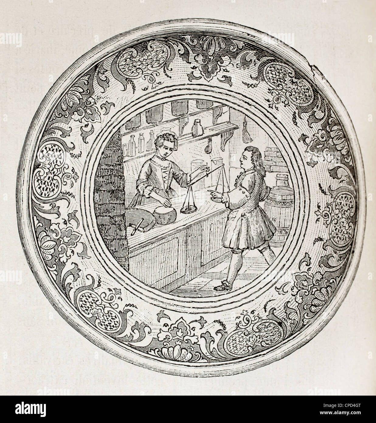 Alten gravierte Darstellung ein antiker Fayence Salatschüssel mit Lebensmittelgeschäft Dekoration auf der Unterseite Stockfoto