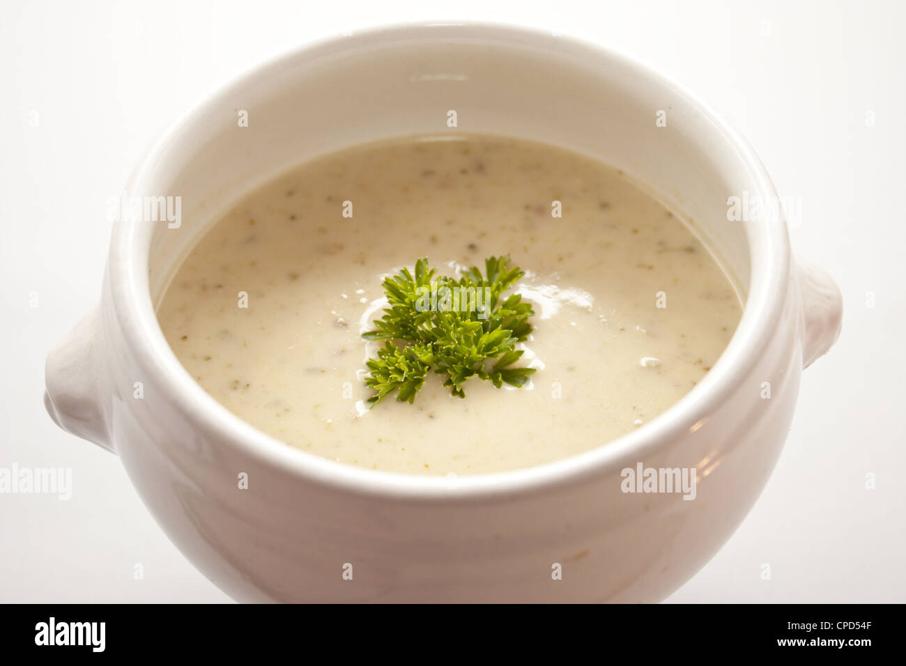 weisse, Schüssel, hoher Kontrast, Blitz, Studio, Suppe, grün, Petersilie Stockfoto