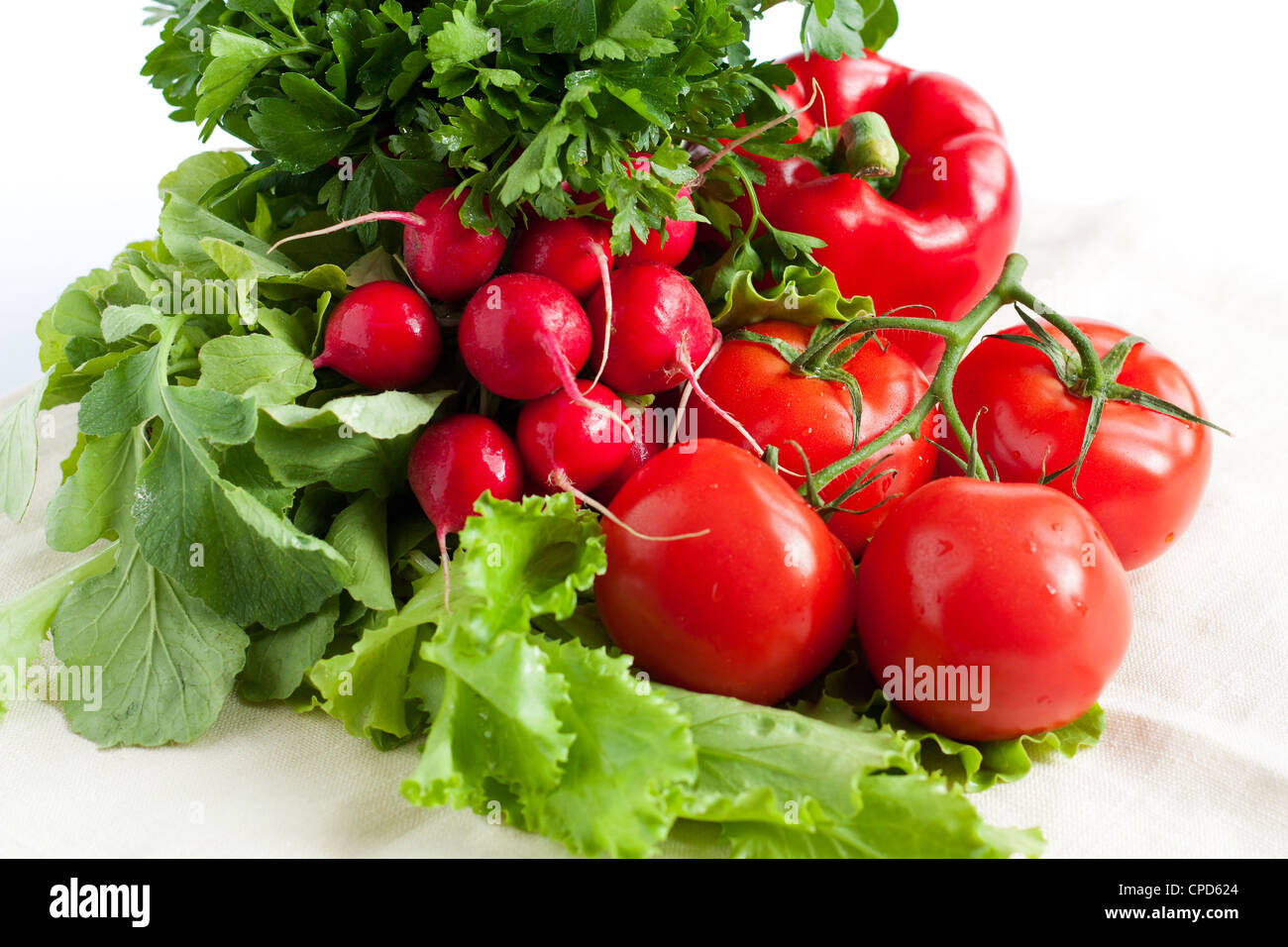 Pfeffer, Petersilie, Tomaten, Radieschen Stockfoto