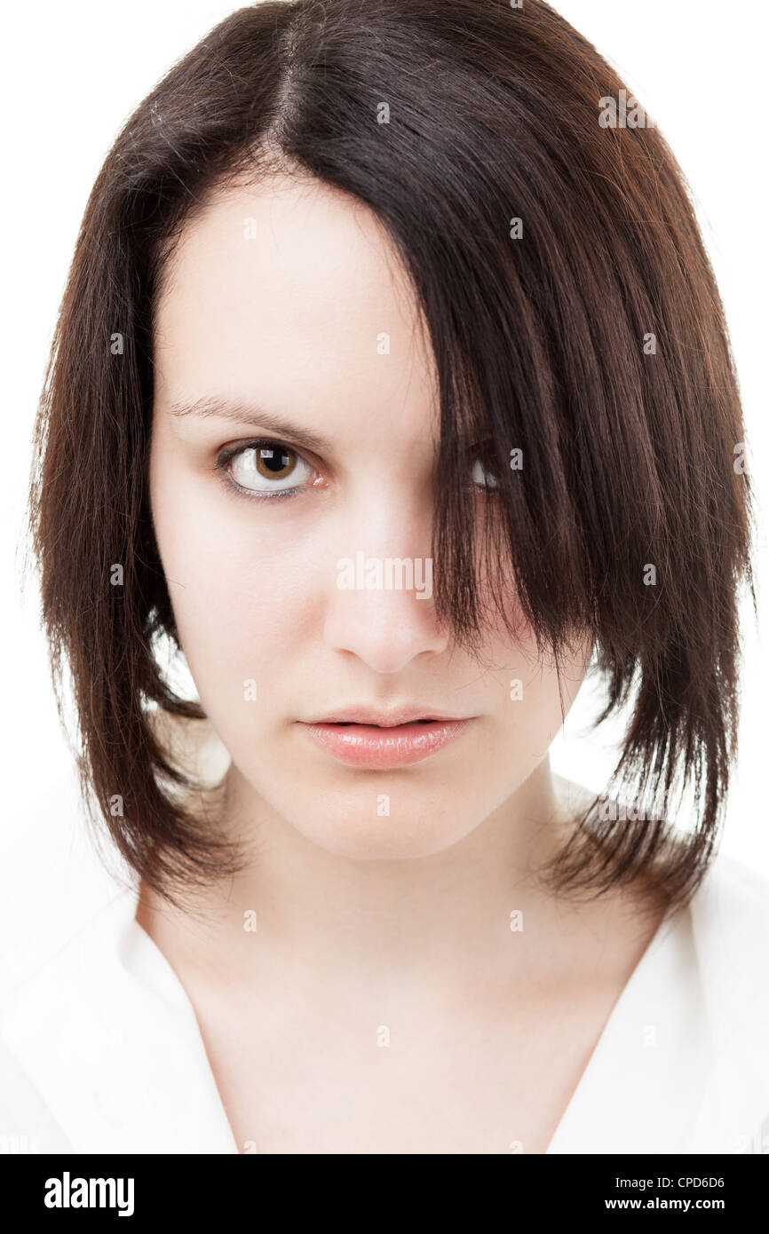 Ernst Brünette Frau, Blick in die Kamera Stockfoto