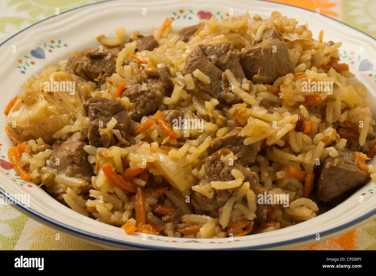 Plov, das usbekische Lamm und Reis-Gericht Stockfoto
