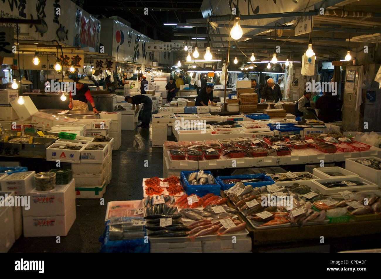 Tsukiji Fisch und Meeresfrüchte Großhandelsmarkt in den frühen Morgenstunden. Es ist die größte der Welt. Tokio, Japan. Stockfoto