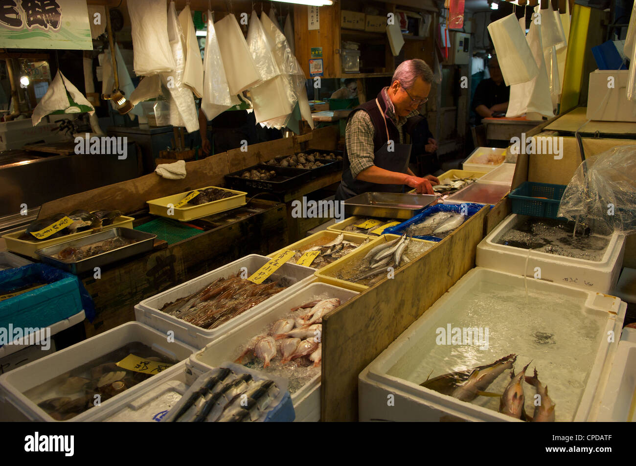 Tsukiji Fisch und Meeresfrüchte Großhandelsmarkt in den frühen Morgenstunden. Es ist die größte der Welt. Tokio, Japan. Stockfoto