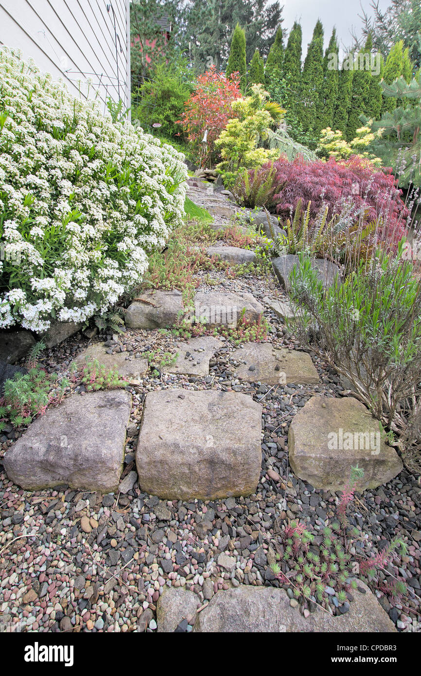 Garten Steinstufen zum Hinterhof mit Bäumen und Pflanzen