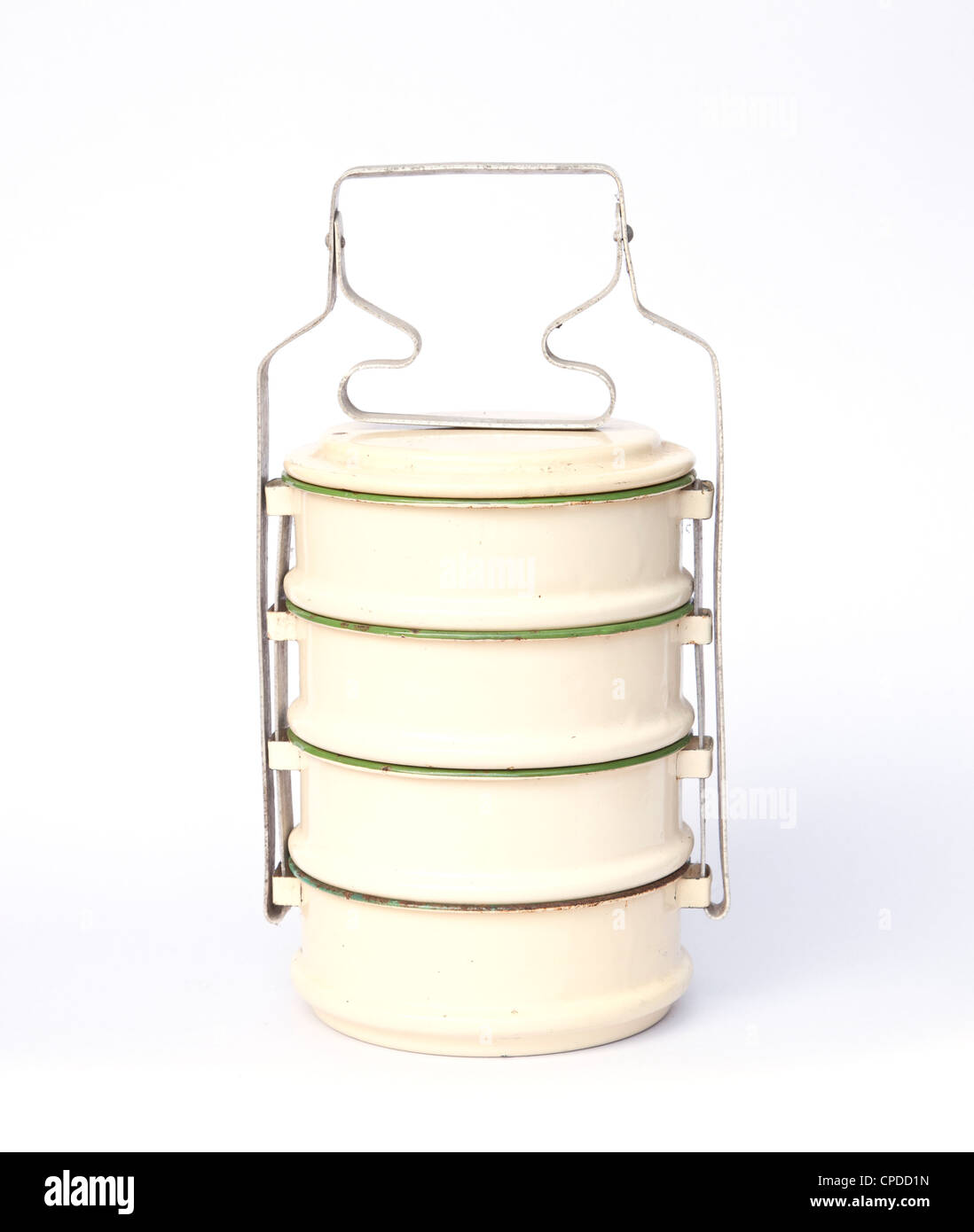 Metall-Tiffin, Lebensmittel-Container auf weißem Hintergrund Stockfoto