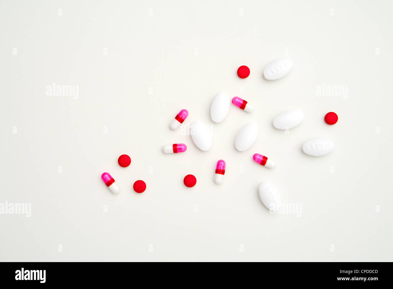 Verstreuten Pillen, Kapseln und Tabletten Stockfoto