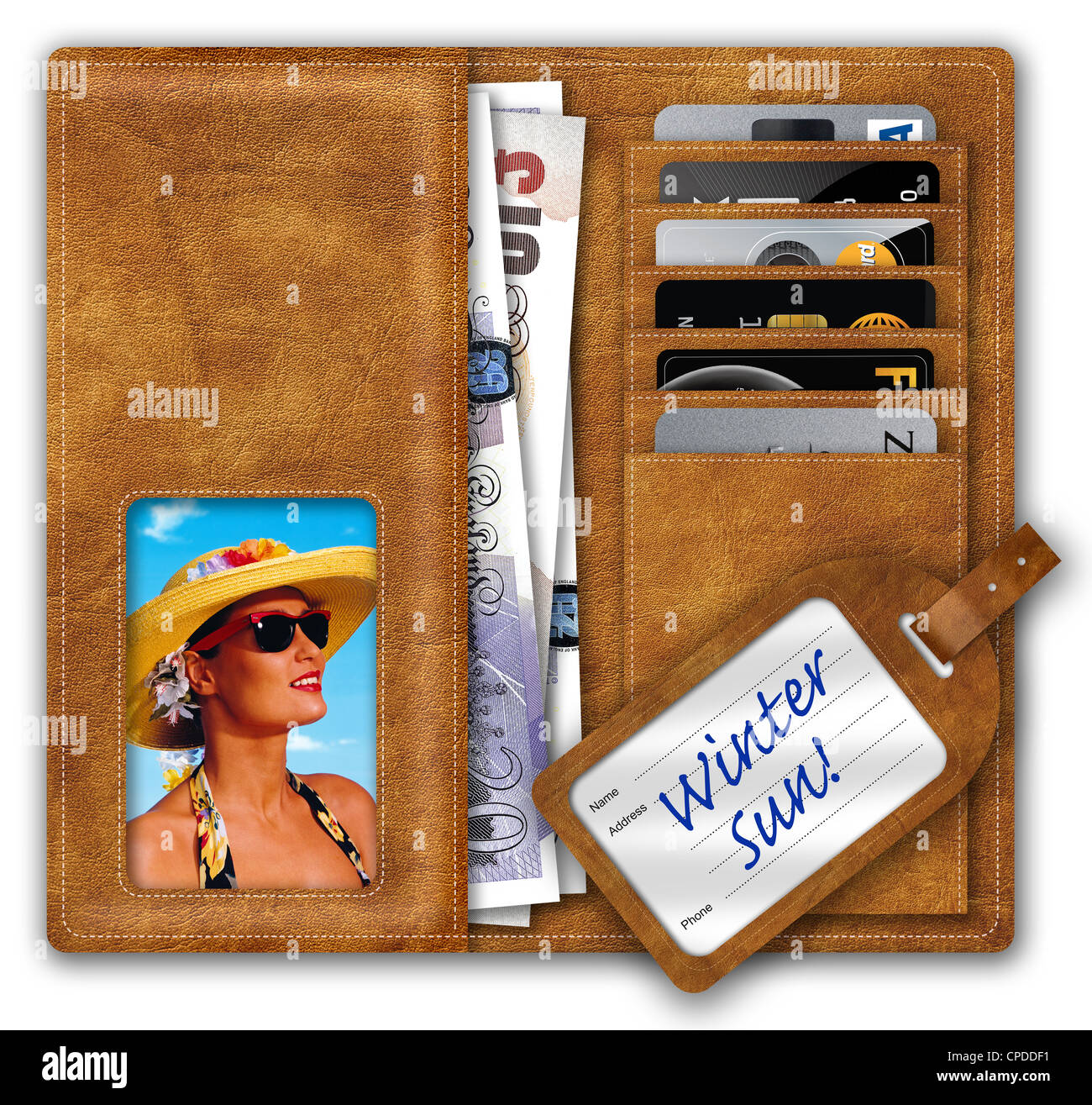 Geldbörse mit Pfund Sterling und Kreditkarten, Bild von Holdaymaker und Wintersonne! Etikett. Stockfoto