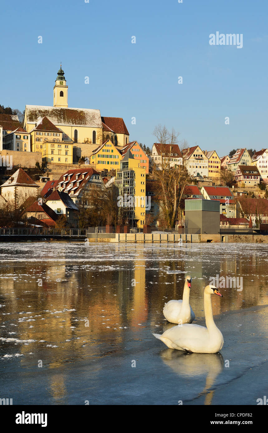Alte Stadt von Horb und gefrorenen Fluss Neckar, Neckartal (Neckartal), Baden-Wurttemberg, Deutschland, Europa Stockfoto