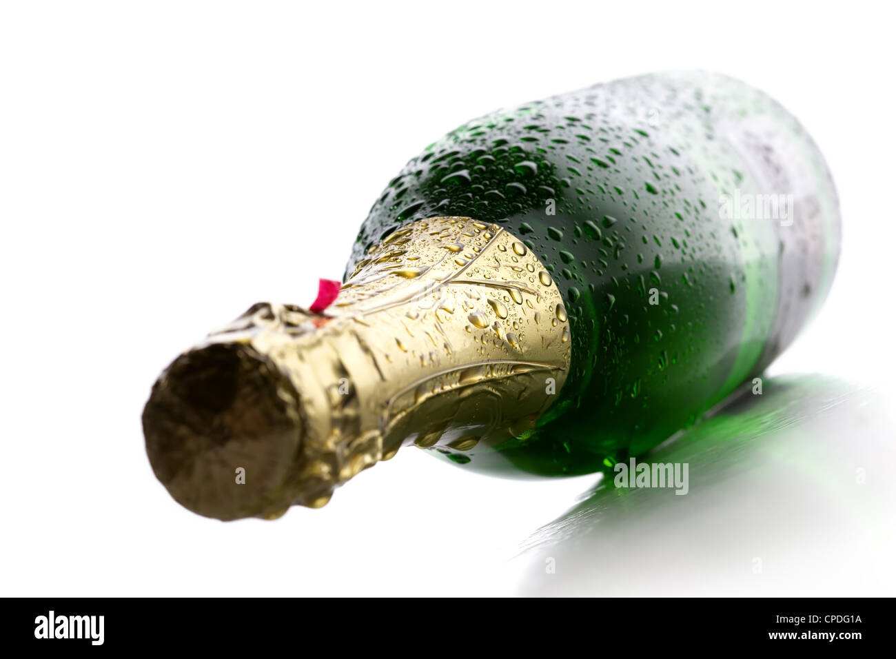 Kalte nasse Flasche Champagner Wein auf weißem Hintergrund Stockfoto
