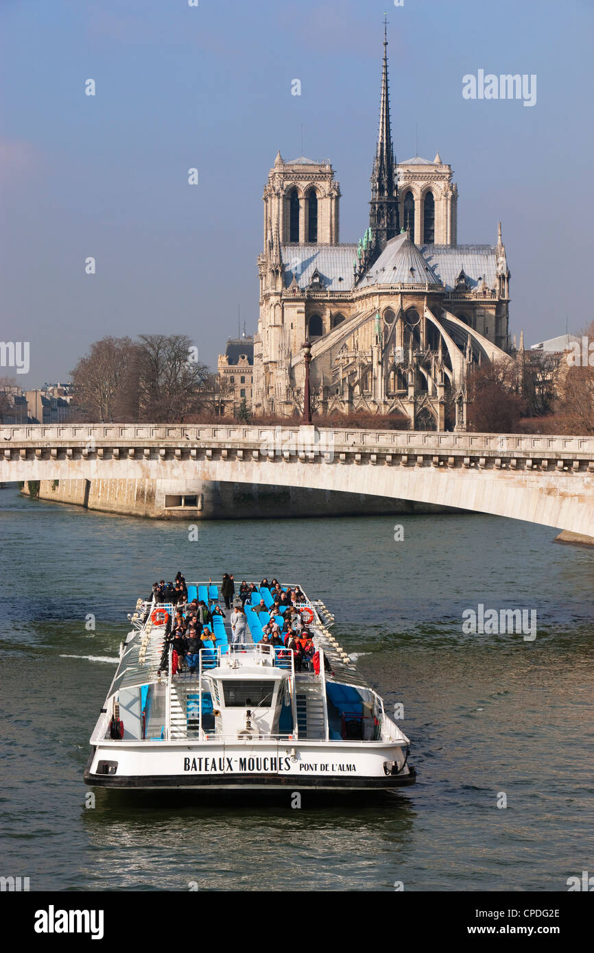 Touristenboot gehen unter der Brücke an der Seine, Notre Dame Kathedrale im Hintergrund, Paris, Frankreich, Europa Stockfoto
