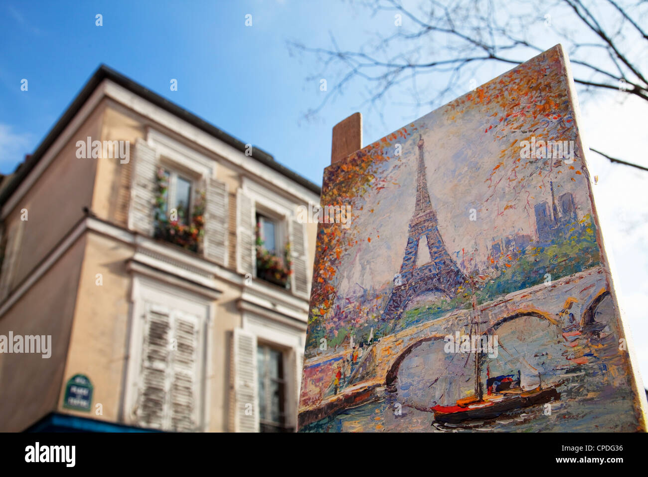 Gemälde zum Verkauf in die Place du Tertre, Montmartre, Paris, Frankreich Stockfoto