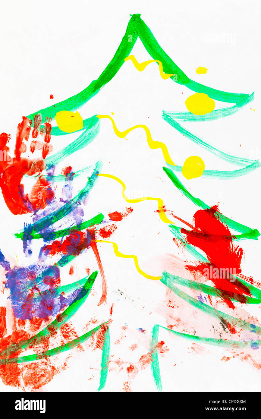 Aquarell, Zeichnung eines Weihnachtsbaumes, einschließlich Handabdrücke von Kinder Künstler Stockfoto