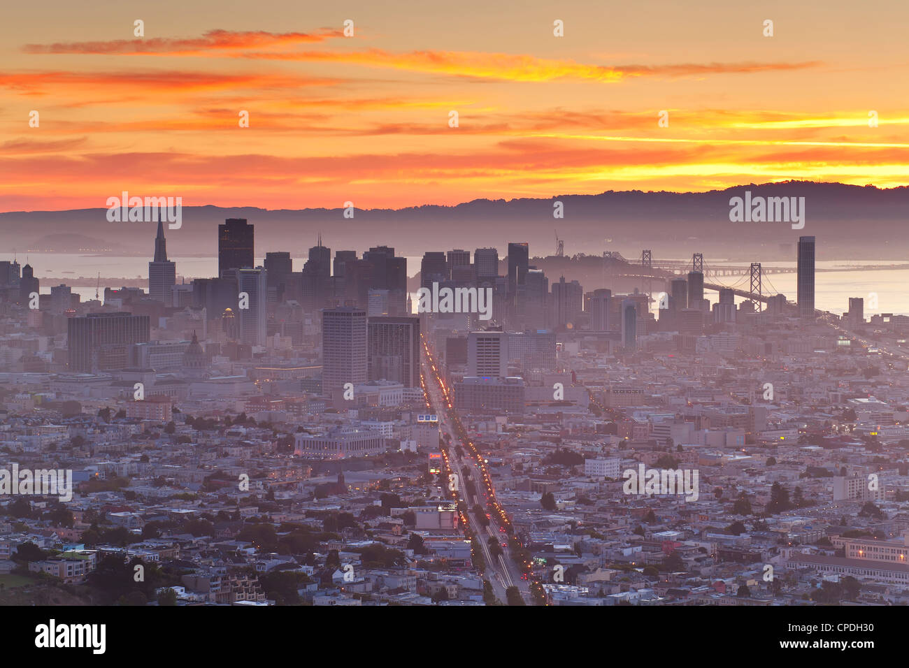 Skyline der Stadt von Twin Peaks, San Francisco, California, Vereinigte Staaten von Amerika, Nordamerika gesehen Stockfoto