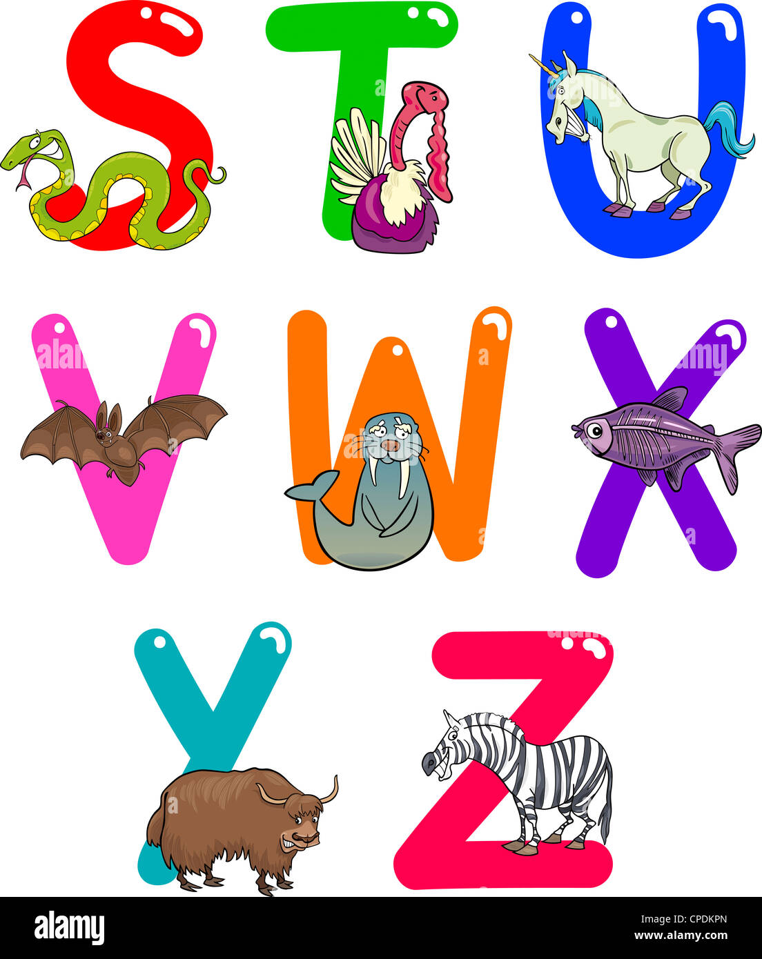 Cartoon-bunte Alphabet-Set mit lustigen Tieren Stockfoto