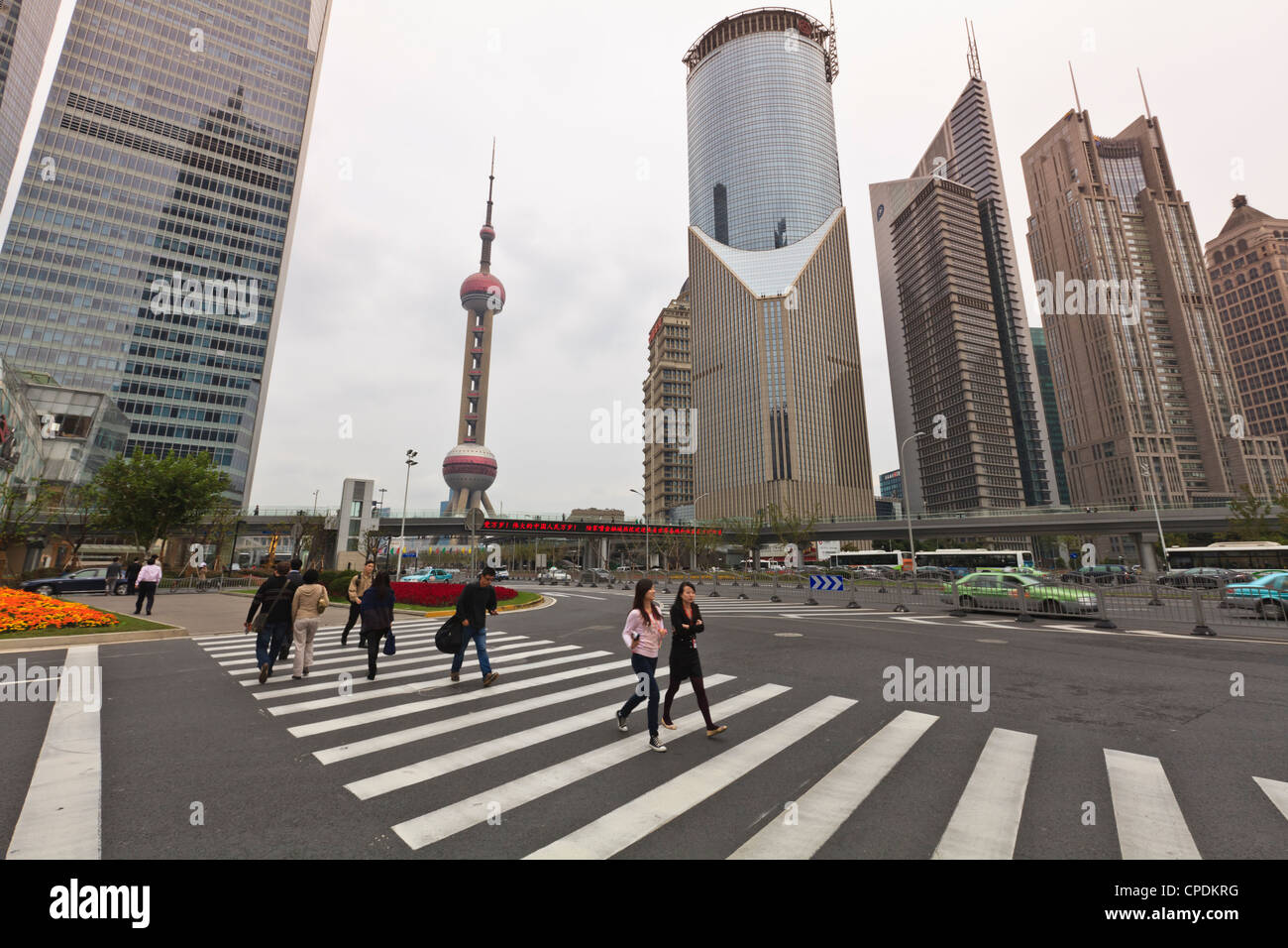 Fußgängerüberweg in Pudong, das Finanz- und Geschäftszentrum. Oriental Pearl Tower im Zentrum, Shanghai, China, Asien Stockfoto