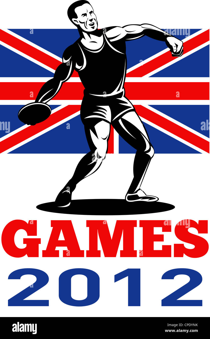 Abbildung eines Sportlers Diskuswerfen mit Worten Sommer Spiele 2012 und Union Jack britische britische Flagge im retro-Stil gemacht. Stockfoto