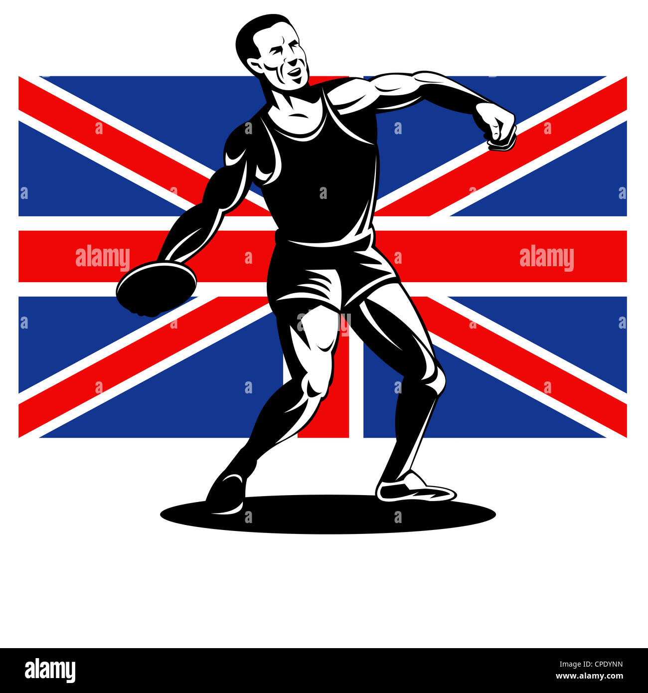 Abbildung eines Sportlers Diskuswerfen mit Union Jack britische britische Flagge im retro-Stil gemacht. Stockfoto