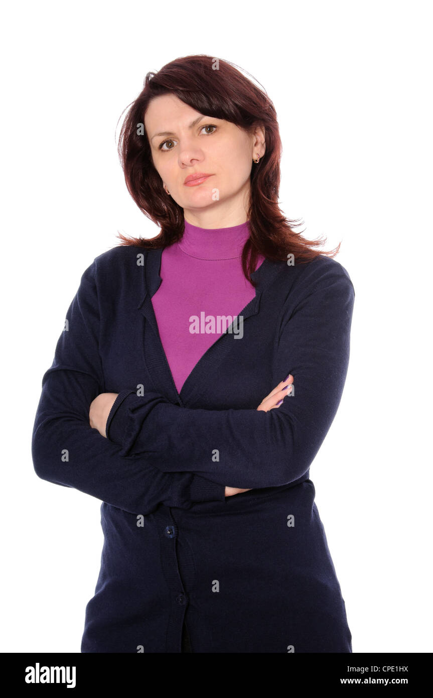 Frau in die dunkle blaue Strickjacke isoliert auf weißem Hintergrund Stockfoto