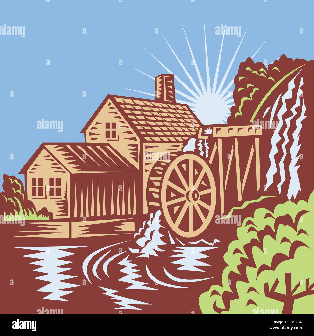 Abbildung von einem Wasserrad Mühle Haus Wassermühle mit fließenden Fluss auf Retro-Holzschnitt-Stil gemacht. Stockfoto