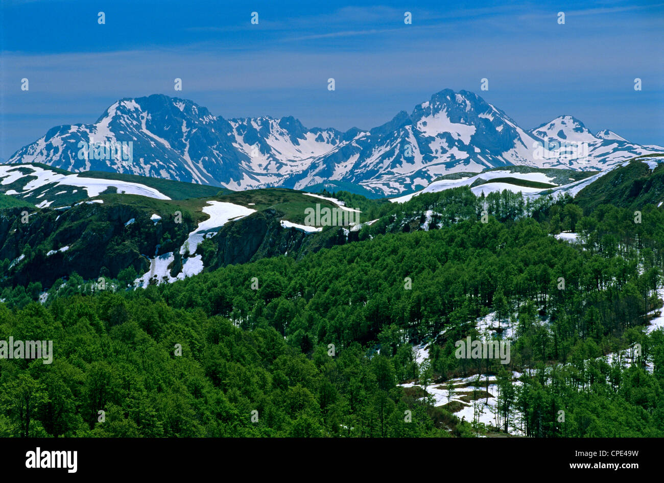 Schneebedeckte Berge, Nationalparks Biogradska, Eastern Highlands, Montenegro, Europa Stockfoto