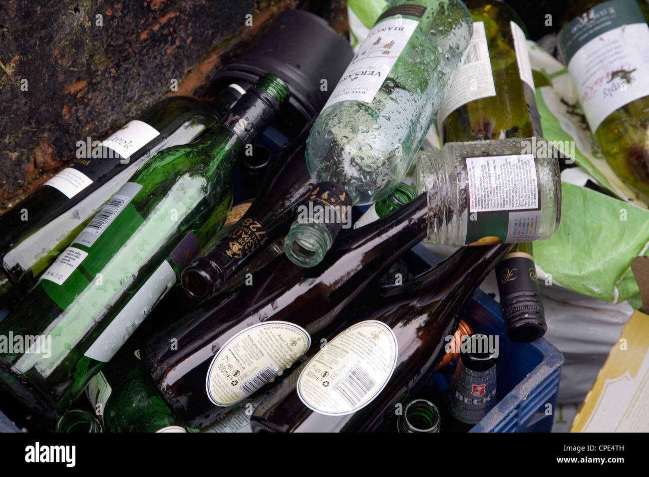 Leere Wein Apfelwein Glas Bierflaschen recycling Stockfoto