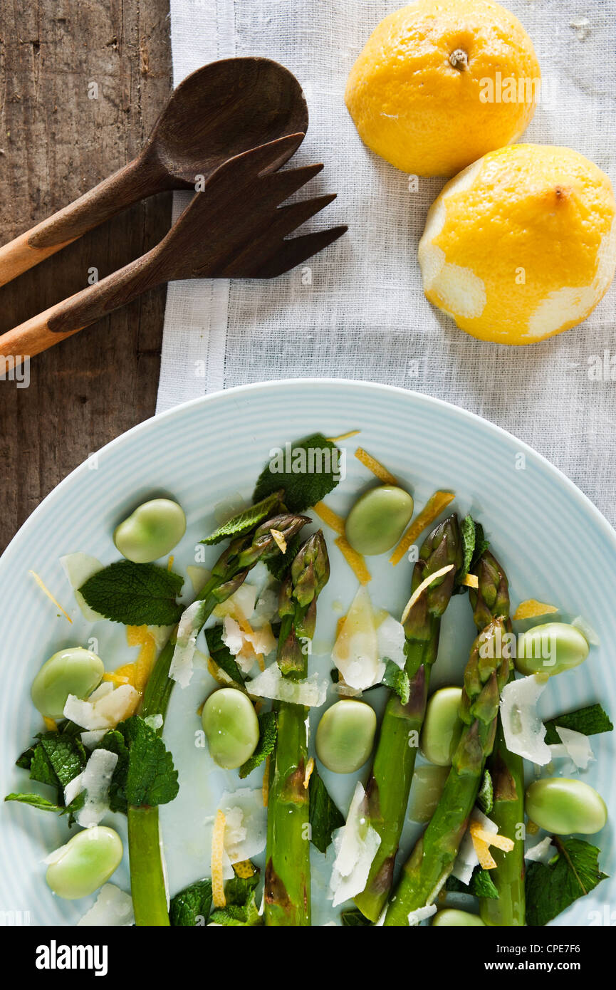 Essen Stilleben von Spargel, Saubohne, Minze und Parmesan-Salat Stockfoto