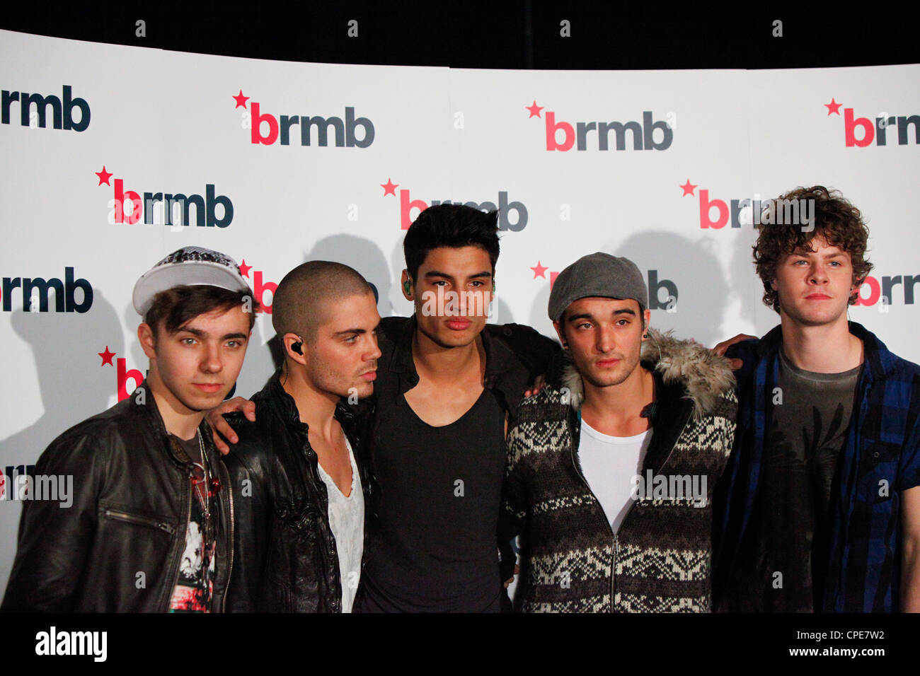 Alle fünf Mitglieder der Boyband The Wanted, hinter den Kulissen für einen Fototermin vor dem Auftritt in der LG Arena für BRMB Live 2010. Stockfoto