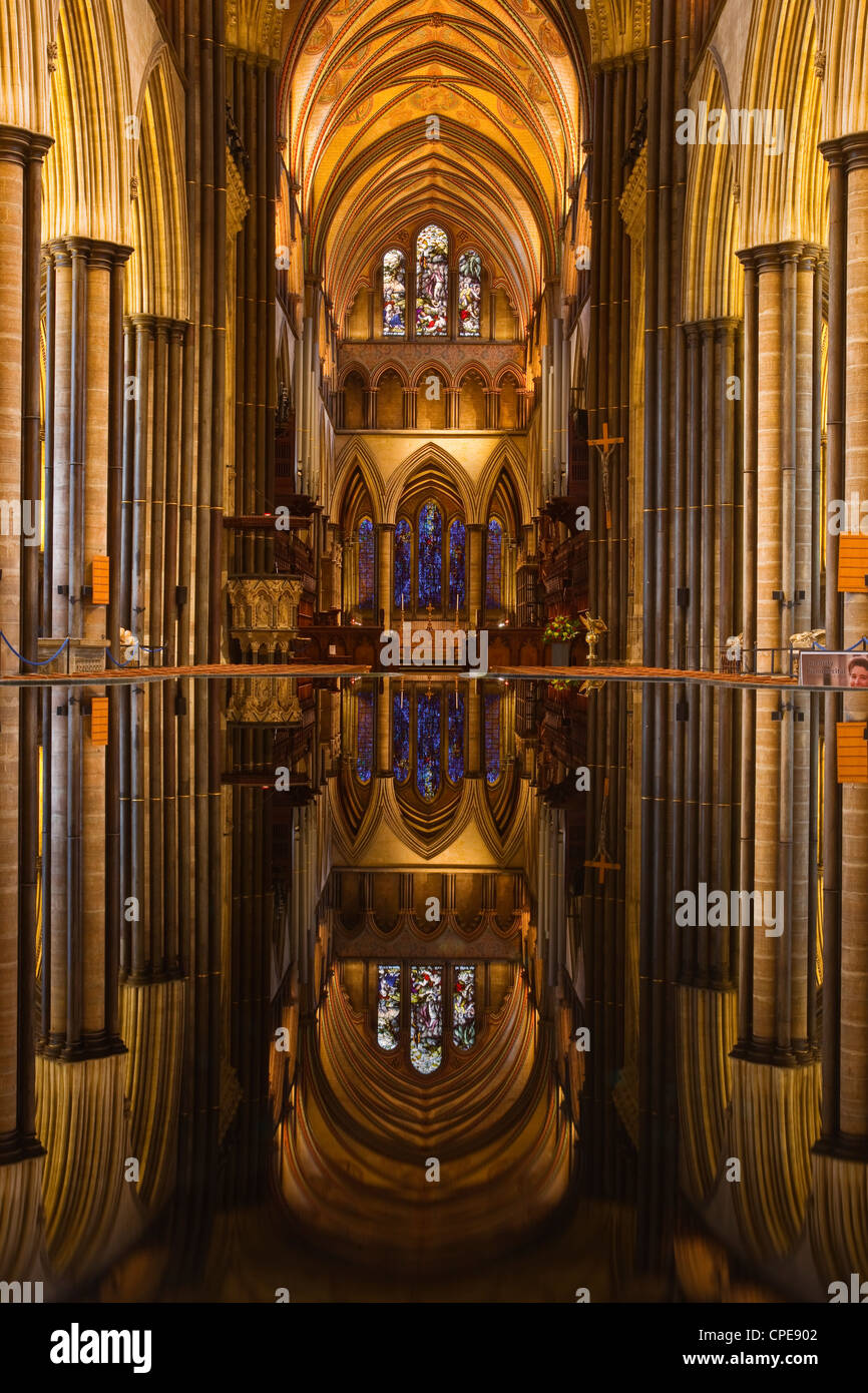 Auf der Suche über die Schrift und unten dem Hauptschiff der Kathedrale von Salisbury, Wiltshire, England, Vereinigtes Königreich, Europa Stockfoto