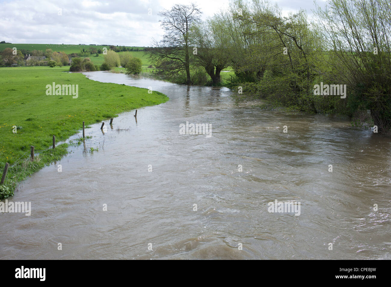 River Windrush in Oxfordshire beginnt zu überlaufen und brach seinen Ufern im April 2012 während einer Dürre Stockfoto