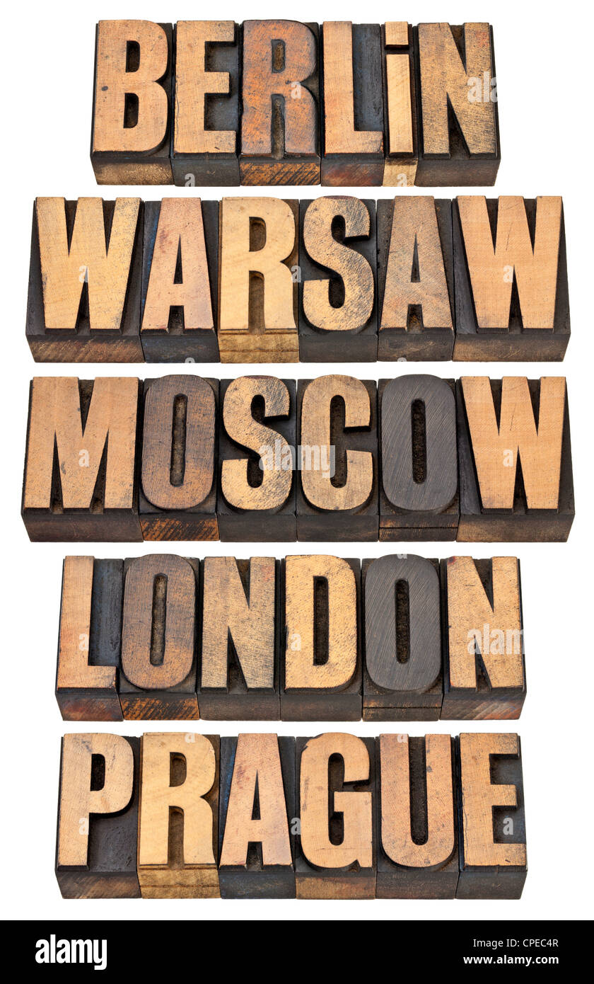 Berlin, Warschau, Moskau, London und Prag - ausgewählte Hauptstädte Europas - eine Collage aus isolierte Wörter Stockfoto