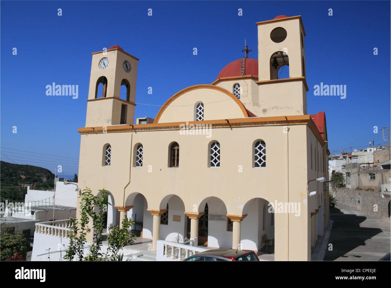 Kirche in Istron Kalo Chorio, Agios Nikolaos, Golf von Mirabello, Lasithi, Kreta, Griechenland, Mittelmeer, Europa Stockfoto