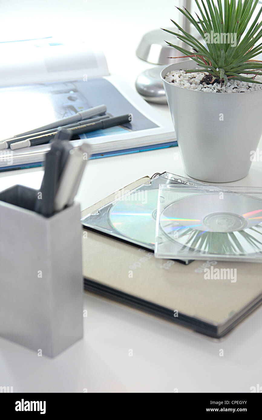 CD-Rom, Buch, Stifte und Topfpflanze auf Etage Stockfoto