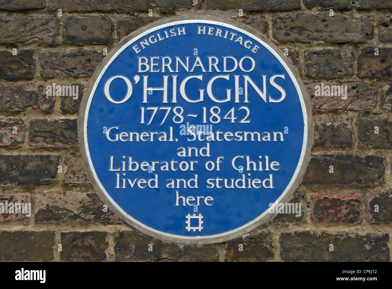 Englisch Erbe blaue Plakette ein Haus des chilenischen allgemeine Kennzeichnung, Staatsmann und Befreier, Bernardo O'higgins Stockfoto