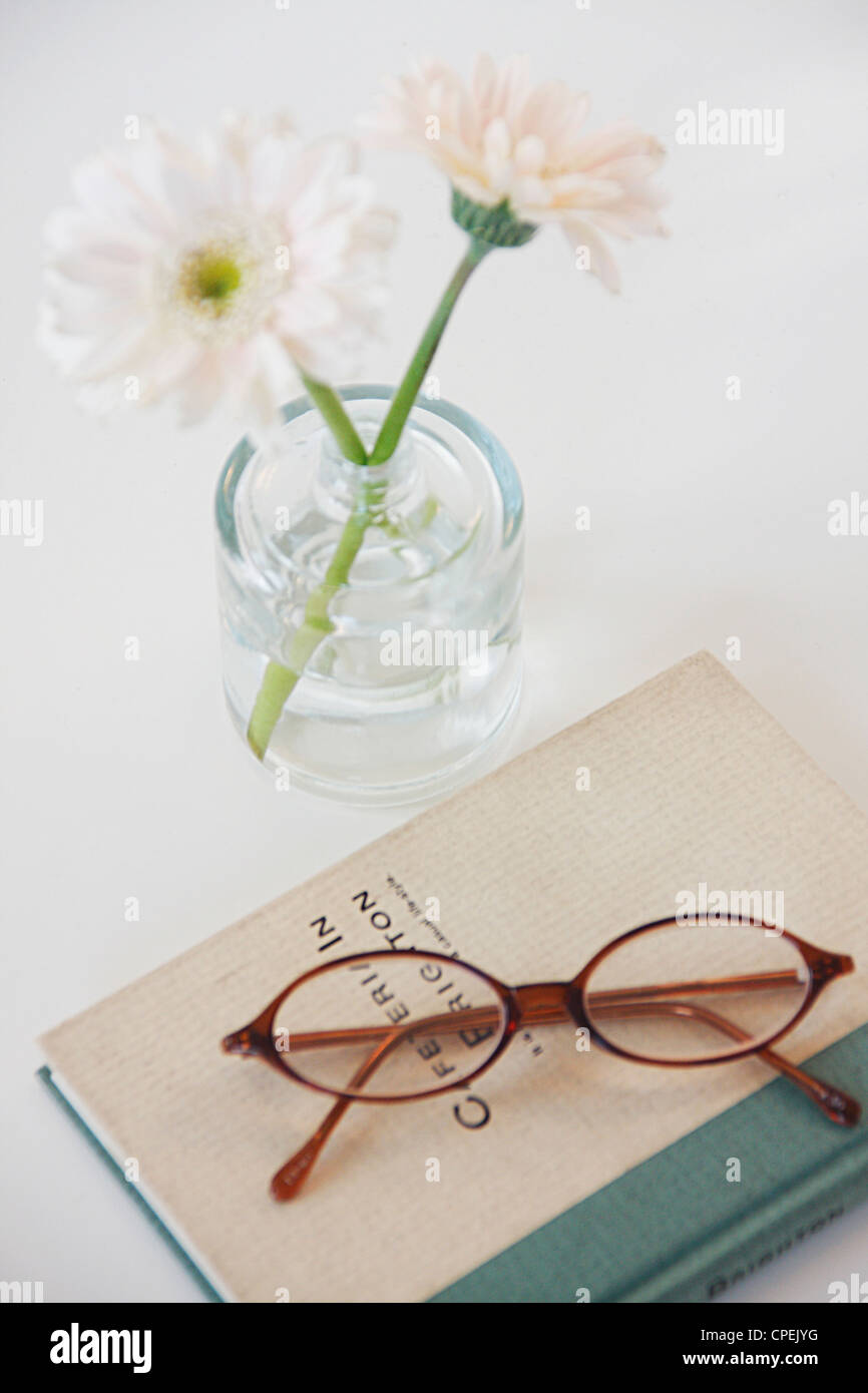 Brille auf Buch neben Blume In Vase Stockfoto