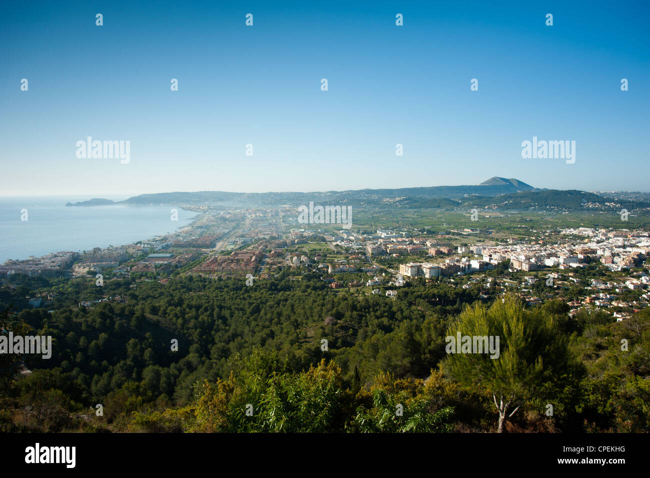 Blick über das Resort Stadt Onf Javea, Costa Blanca Stockfoto